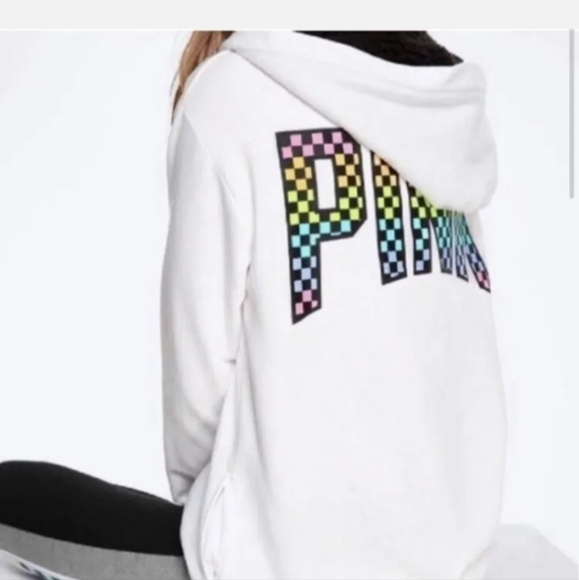 Victoria's Secret PINK Rare Rainbow Checkerboard Hoodie L - Picture 2 of 10